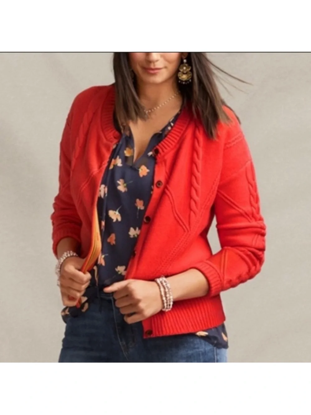 Cabi 5449 Orange Button Up Cable Cardigan Size Small